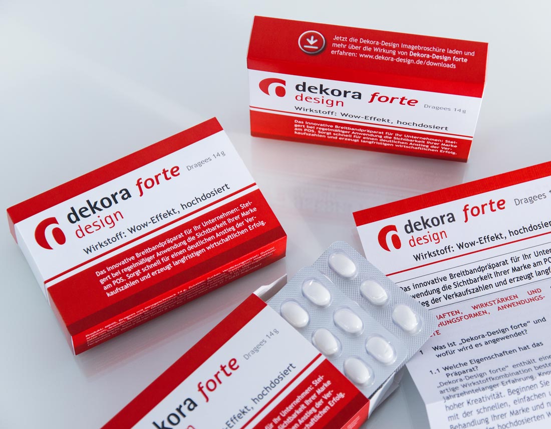 Give-away für Messen in Form von Tablettenverpackungen für Dekora-Design, Hersteller von POS-Systemen.