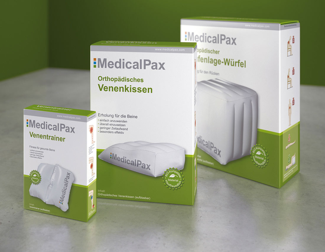 Gestaltung der Verkaufs-Kartons für MedicalPax – Produkte zur Gesundheitsförderung.